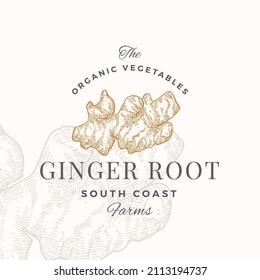 Ginger Abstract Vector Sign, Symbol, Logo Template. Hand Drawn Root Sketch Sillhouette with Typography. Premium Plant Based Vegan Food Emblem Isolated