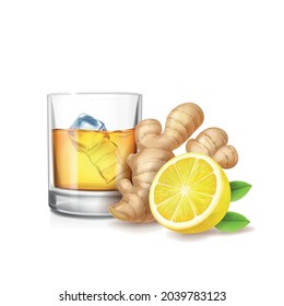 Ginger Ale vector realistic illustration. Glass of ale, ice cubes and ginger root isolated..