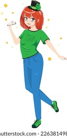 Ginger anime girl in green shirt with shamrock, St. Patricks Day themed illustration.