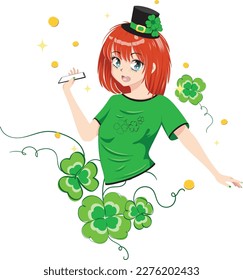 Ginger anime girl in green shirt with shamrock, St. Patricks Day themed illustration.