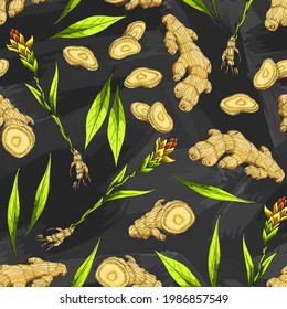 Ginger. Asian Chinese traditional medicine. Herb. Whole plant, cuted root, flower, leaves. Spicy condiment. Seamless background with pattern.