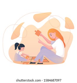 A ginger babysitter or nanny sits on the carpet and plays with the baby. Mom plays with daughter.Vector flat isolated illustration with gradient on abstract background.Illustration on white background