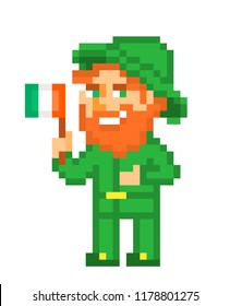 Ginger bearded leprechaun in green costume & hat with a flag of Ireland, pixel art isolated on white background.Irish folklore character.St. Patrick's Day card.8 bit slot machine/video game graphics.