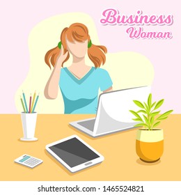 Ginger beautiful business woman with two tails working in office. Vector illustration