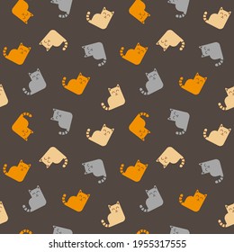 Ginger, beige and grey sleepy cats with stripped tails on brown background, seamless pattern