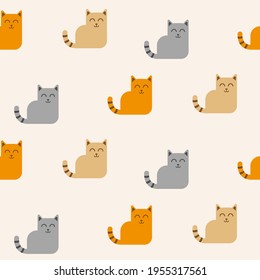Ginger, beige and grey sleepy cats with stripped tails on ivory background, seamless pattern