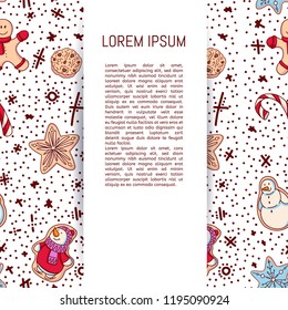 Ginger biscuit Christmas cookies with decor composed. Banners with Ginger biscuit. Seamless pattern.