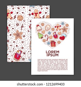Ginger biscuit Christmas cookies with decor composed in heart shape on white background. Banners with Ginger biscuit. Set of card with Ginger biscuit, flyer.