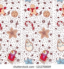 Ginger biscuit Christmas cookies with decor. Seamless pattern with Ginger biscuit. Vector.