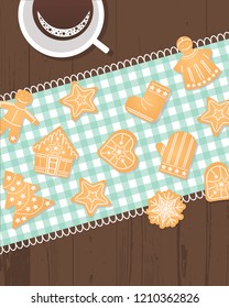Ginger biscuit and coffee mug, top view. Christmas vector flat illustration with winter holidays traditional cookies. Card with angel, ginger man, Christmas tree, snowflake and other figures