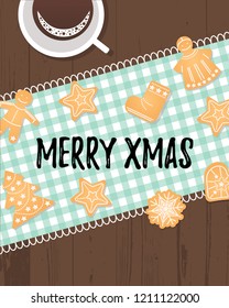 Ginger biscuit and coffee mug, top view. Merry Xmas text with winter holidays traditional cookies. Card with angel, ginger man, Christmas tree, snowflake and other figures. Vector flat illustration.