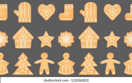 Ginger biscuit seamless pattern. Christmas, new year, winter holidays traditional cookies figures with angel, ginger man, Christmas tree, snowflake. Vector illustration, flat background for printing