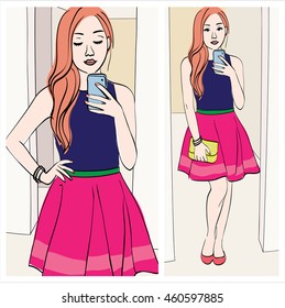 Ginger blogger: Beautiful girl taking mirror selfie with cute outfit. Woman holding smartphone in front of the mirror. fashion, style and social network concept. vector illustration