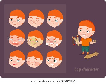 Ginger Boy Daredevil. Cartoon Character, Emotions Set.