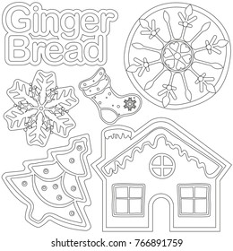 Ginger bread black and white poster - house, shoe, xmas tree, snowflake. Coloring book page for adults and kids. Winter holiday vector illustration for christmas gift card, flyer certificate or banner