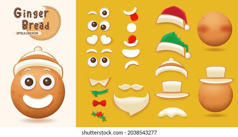 Creador de emojis de jengibre navideño. Cara, ojos y bocadillos editables del personaje de pan jengibre con diferentes expresiones faciales para el diseño de creación de emojis de Navidad. Ilustración vectorial.
