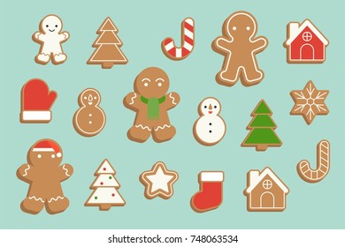 ginger bread cookie in various shape, Christmas tree, snowflake, snowman, star, sock and candy cane in flat design