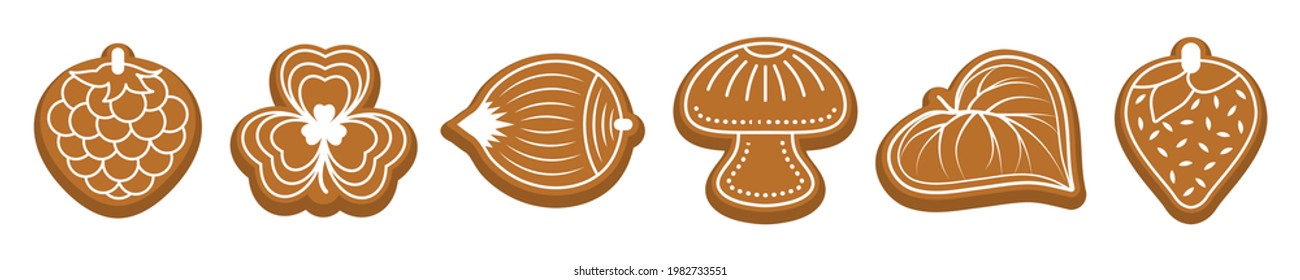 Ginger bread cookies, Figured biscuits with white sugar frost. Mushroom, nut, raspberry, strawberry, leaves. sweet dessert for Christmas or holidays.  Isolated on white background. Vector illustration