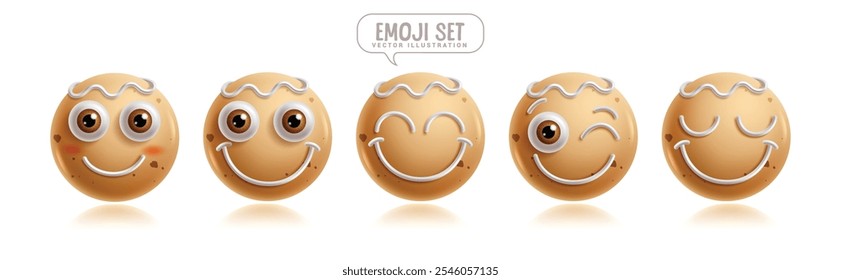 Ginger bread emoji characters vector set. Christmas ginger bread emojis clip art character in happy, smiling, funny, cute and winking facial expression brown round icon collection. Vector illustration