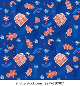 Ginger bread houses, men, trees, bells. Seamless pattern with vector hand drawn illustrations with Christmas theme