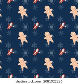 Ginger bread man, Santa Claus and snowflakes  vector repeat pattern, Hand drawn Christmas repeat pattern for  background, wallpaper, gift wrapper, textile, packaging, banner.