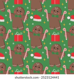 Ginger bread men seamless pattern on green background. Xmas Gingerbread cookies. Noel holiday sweet dessert. Vector illustration.