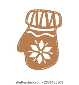Ginger bread mitten. Vector illustration isolated on white background. Christmas decoration. Hand drawn design. 