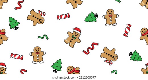 Ginger Bread Seamless Pattern Christmas Tree Santa Claus Hat Candy Cane Cookie Cracker Cartoon Doodle Gift Wrapping Paper Scarf Isolated Tile Background Repeat Wallpaper Illustration Design