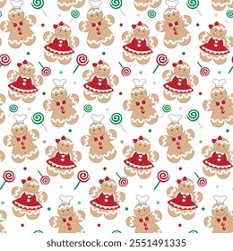 Ginger Bread Seamless,Christmas Ginger Bread and Lollipop Candy-Vector Illustration