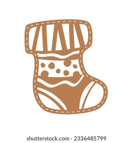 Ginger bread sock. Vector illustration isolated on white background. Christmas decoration. Hand drawn design. 