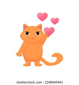 A ginger cartoon cat fell in love. Vector illustration. The cat holds a heart