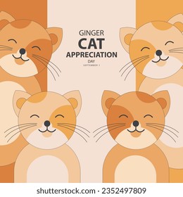 Ginger Cat Appreciation Day on september 1, with vector illustration some ginger cat and text isolated on abstract background for commemorate and celebrate Ginger Cat Appreciation Day.  