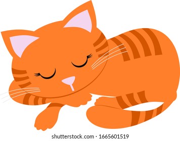 Ginger cat asleep on paw with stripes. Cute orange kitten clear backed vector graphic illustration.  