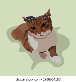 A ginger cat with a black polka-dot bow lies on a salty background. Vector stock illustration.