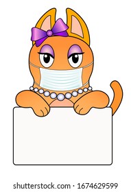 Ginger cat with bow, beads and a medical mask holds an empty poster vector template. The cartoon character a cat in a mask against a virus holds a poster with copy space for your text.