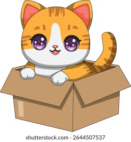 Ginger Cat In Box Kawaii Cartoon Vector