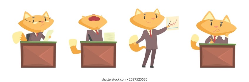 Ginger Cat Businessman Character in Formal Suit and Tie Vector Set