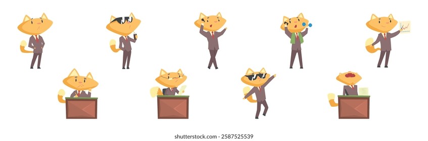 Ginger Cat Businessman Character in Formal Suit and Tie Vector Set