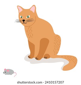 Ginger cat catching a mouse. Hunting instinct of Pets. Cat and Mouse. Flat style vector illustration.