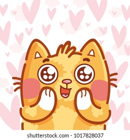 Ginger Cat character with google eyes, admire, amazed, in love emotions on pink romantic background. Cute hand drawn art illustration in cartoon, doodle style