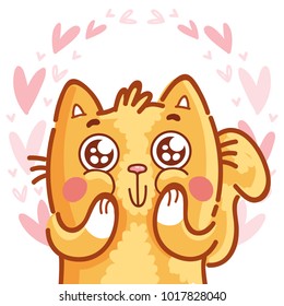 Ginger Cat character with google eyes, admire, amazed, in love emotions on pink romantic background. Cute hand drawn art illustration in cartoon, doodle style