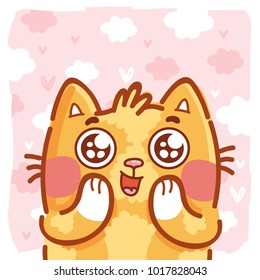Ginger Cat character with google eyes, admire, amazed, in love emotions on pink romantic background. Cute hand drawn art illustration in cartoon, doodle style