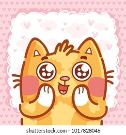Ginger Cat character with google eyes, admire, amazed, in love emotions on pink romantic background. Cute hand drawn art illustration in cartoon, doodle style