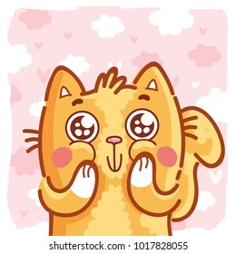 Ginger Cat character with google eyes, admire, amazed, in love emotions on pink romantic background. Cute hand drawn art illustration in cartoon, doodle style