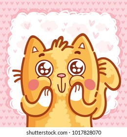 Ginger Cat character with google eyes, admire, amazed, in love emotions on pink romantic background. Cute hand drawn art illustration in cartoon, doodle style