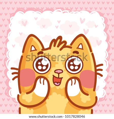 Ginger Cat character with google eyes, admire, amazed, in love emotions on pink romantic background. Cute hand drawn art illustration in cartoon, doodle style