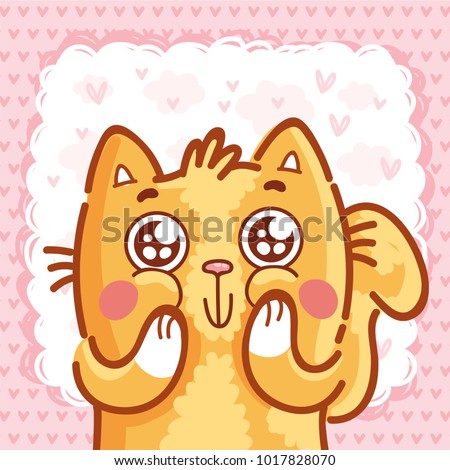 Ginger Cat character with google eyes, admire, amazed, in love emotions on pink romantic background. Cute hand drawn art illustration in cartoon, doodle style