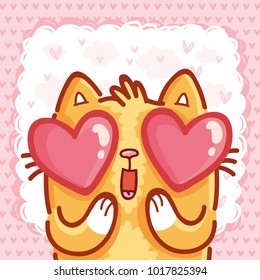 Ginger Cat character madly in love with hearts eyes, admire emotion on pink romantic background. Cute hand drawn art illustration in cartoon, doodle style