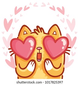 Ginger Cat character madly in love with hearts eyes, admire emotion on pink romantic background. Cute hand drawn art illustration in cartoon, doodle style