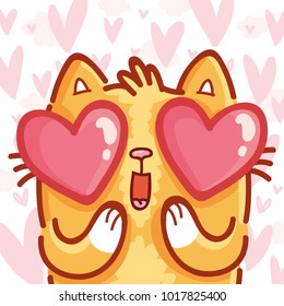 Ginger Cat character madly in love with hearts eyes, admire emotion on pink romantic background. Cute hand drawn art illustration in cartoon, doodle style